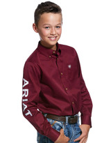 Ariat Boys' Casual Series Classic Fit Team Logo Twill Long Sleeve Solid Button Down Shirt - Burgundy/White