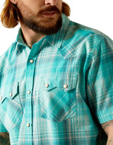 Ariat Men's Retro Short Sleeve Plaid Snap Shirt - Aqua Blue