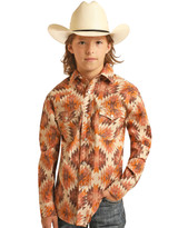 Rock & Roll Denim Boys' Stretch Long Sleeve Aztec Print Snap Shirt - Burnt Orange