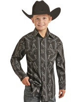 Rock & Roll Denim Boys' Stretch Long Sleeve Southwest Print Snap Shirt - Charcoal