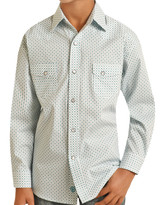 Rock & Roll Denim Boys' Stretch Long Sleeve Print Snap Shirt - Turquoise/White (Closeout)