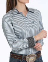 Cinch Women's Long Sleeve Stripe Button Down Shirt - Blue/Teal