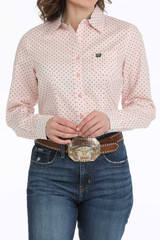 Cinch Women's Long Sleeve Polka Dot Check Button Down Shirt - Pink/Black