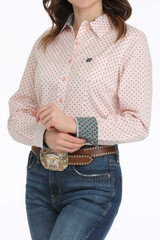 Cinch Women's Long Sleeve Polka Dot Check Button Down Shirt - Pink/Black
