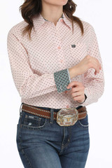 Cinch Women's Long Sleeve Polka Dot Check Button Down Shirt - Pink/Black