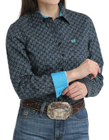 Cinch Women's Stretch Long Sleeve Print Button Down Shirt - Navy/Green