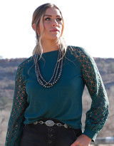 Cruel Women's Crochet Long Sleeve Solid Top - Forest Green