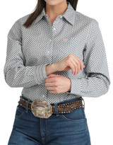 Cinch Women's Long Sleeve Print Button Down Shirt - White/Teal