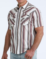 Cinch Men's Stretch Vented Short Sleeve Stripe Snap Shirt - White/Red