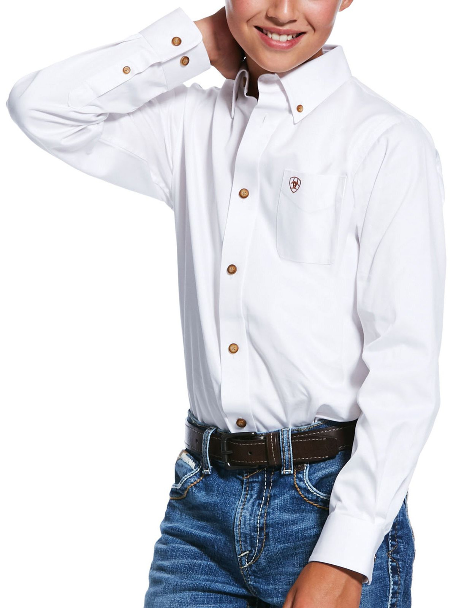 Ariat Boys' Casual Series Classic Fit Long Sleeve Solid Button Down Shirt - White