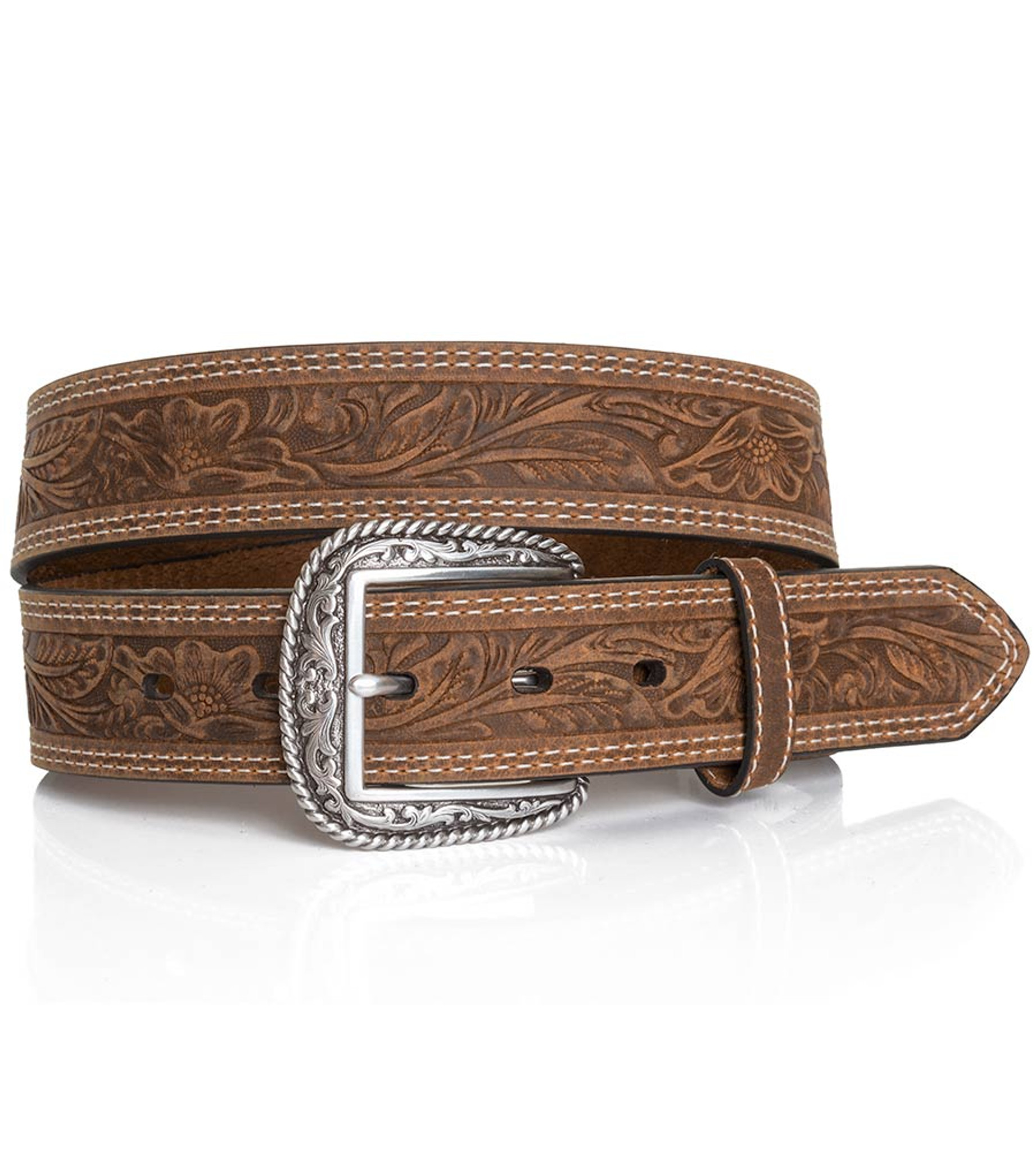 Tooled Double Stitch Belt - Brown