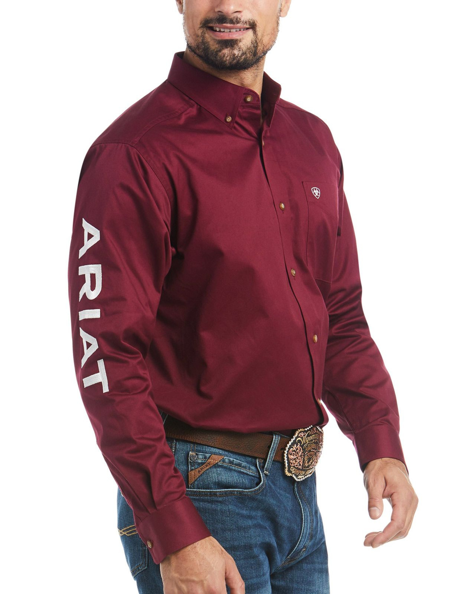 Ariat Men's Casual Series Classic Fit Team Logo Twill Long Sleeve Solid Button  Down Shirt - Burgundy/White