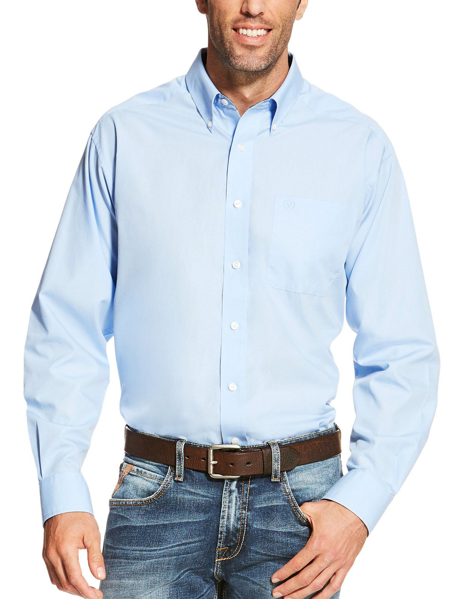 Ariat Men's Wrinkle Free Long Sleeve Solid Button Down Shirt - Light Blue