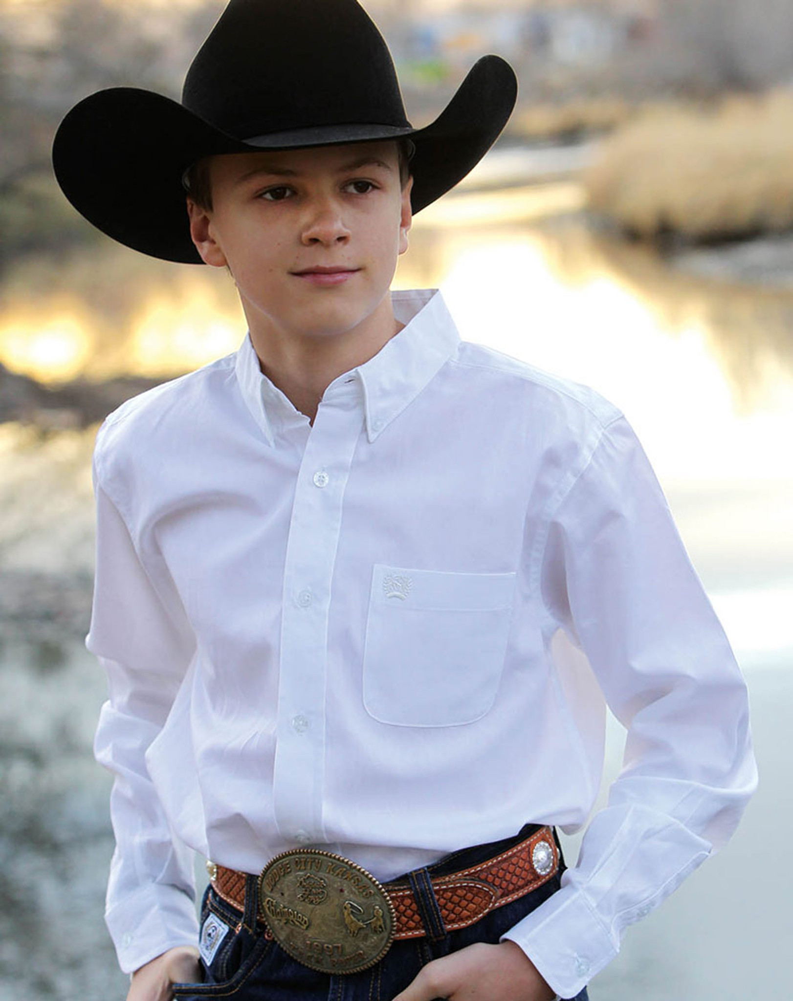 Cinch Boy's Long Sleeve Solid Button Down Shirt - White