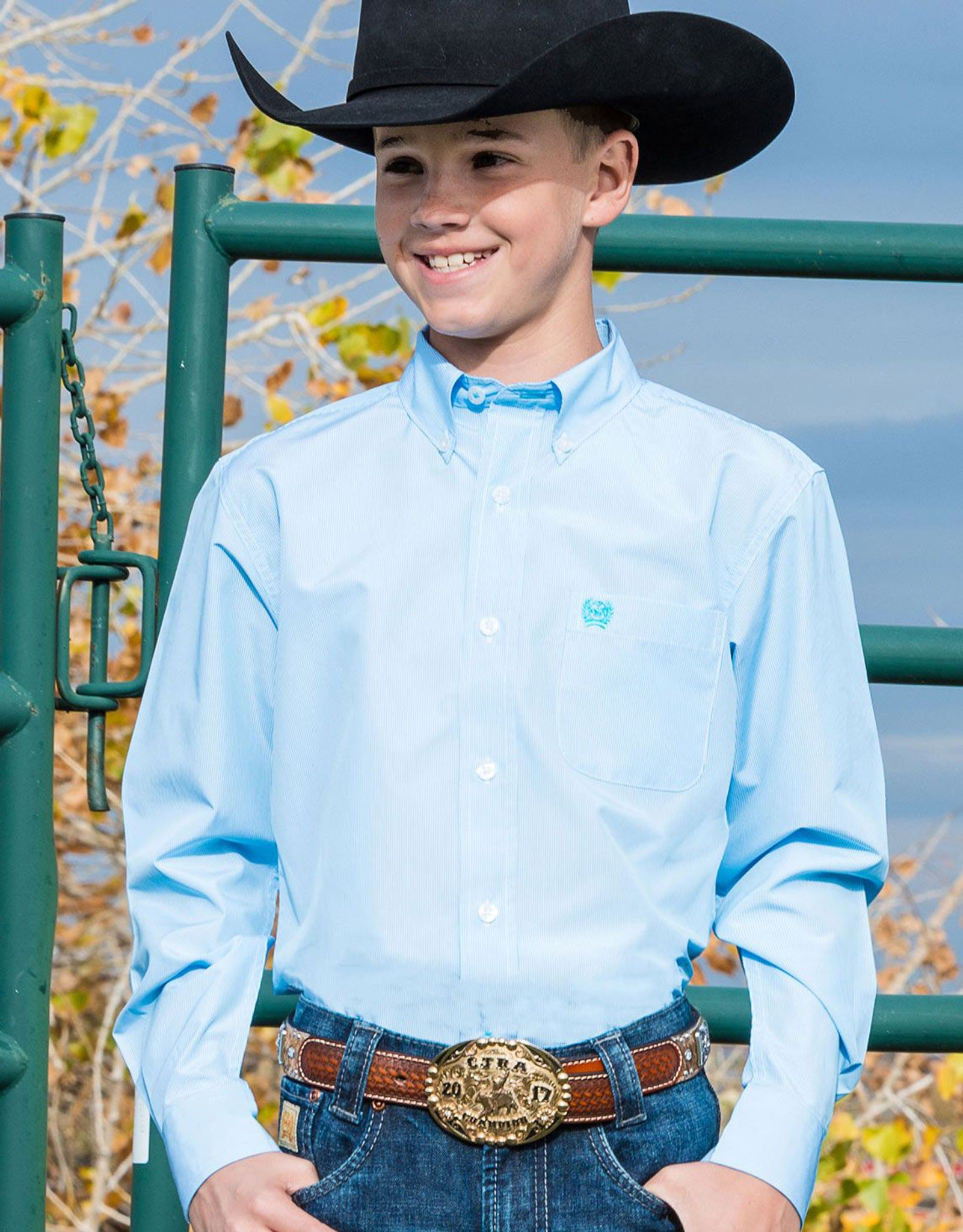 Cinch Boys' Long Sleeve Stripe Button Down Shirt - Light Blue