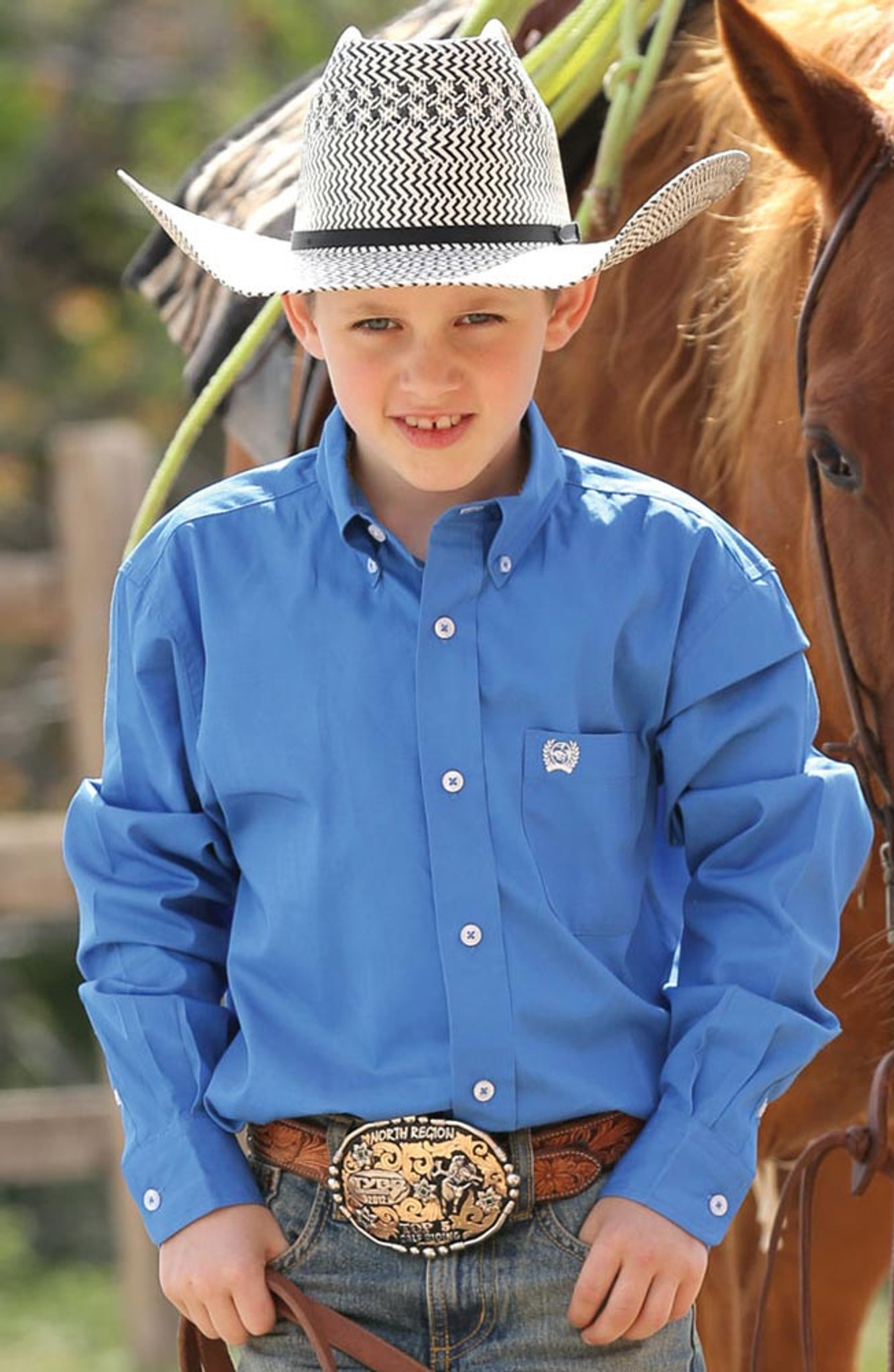 Cinch Boys Solid Twill Button Down Western Shirt - Blue