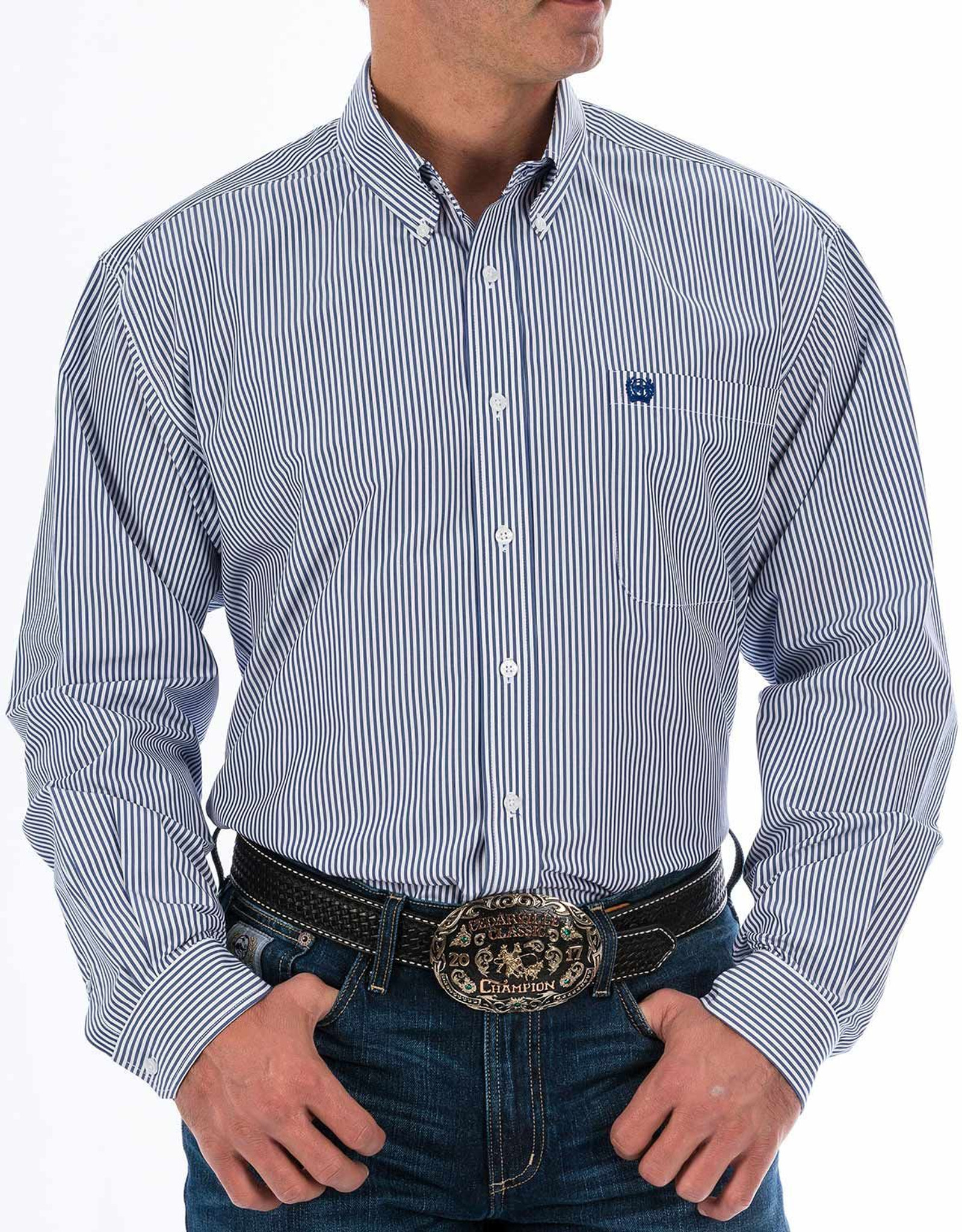 Cinch Men's Long Sleeve Stripe Button Down Shirt - Royal