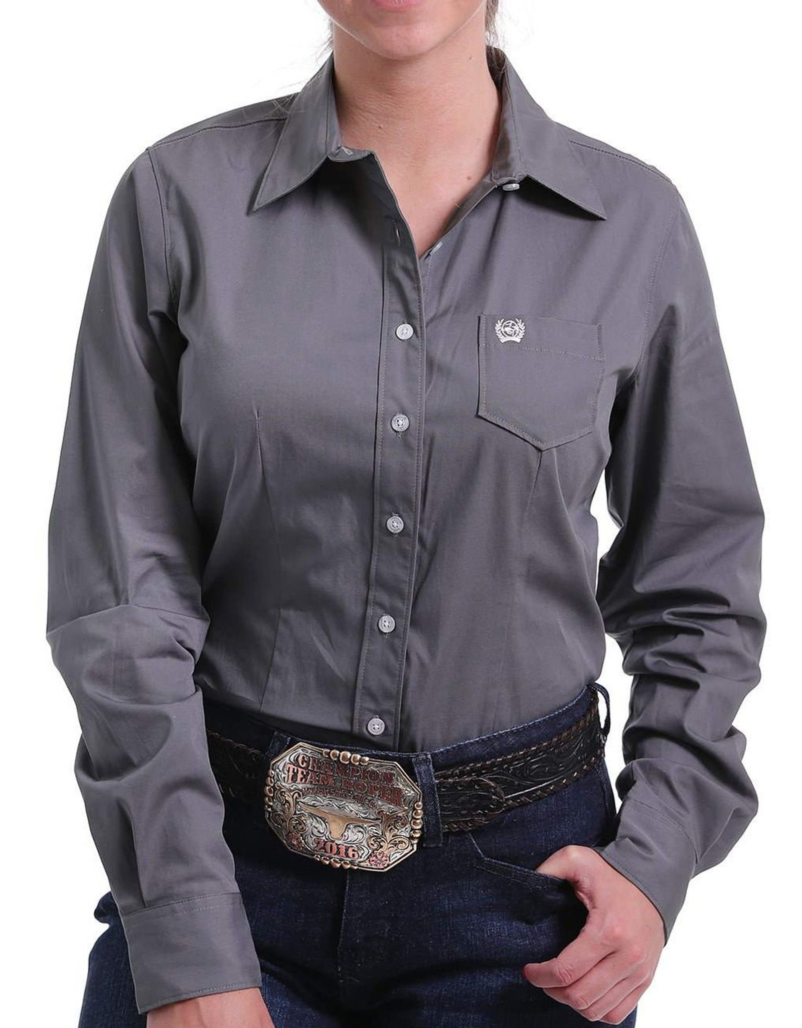 Cinch Women's Long Sleeve Solid Button Down Shirt - Grey