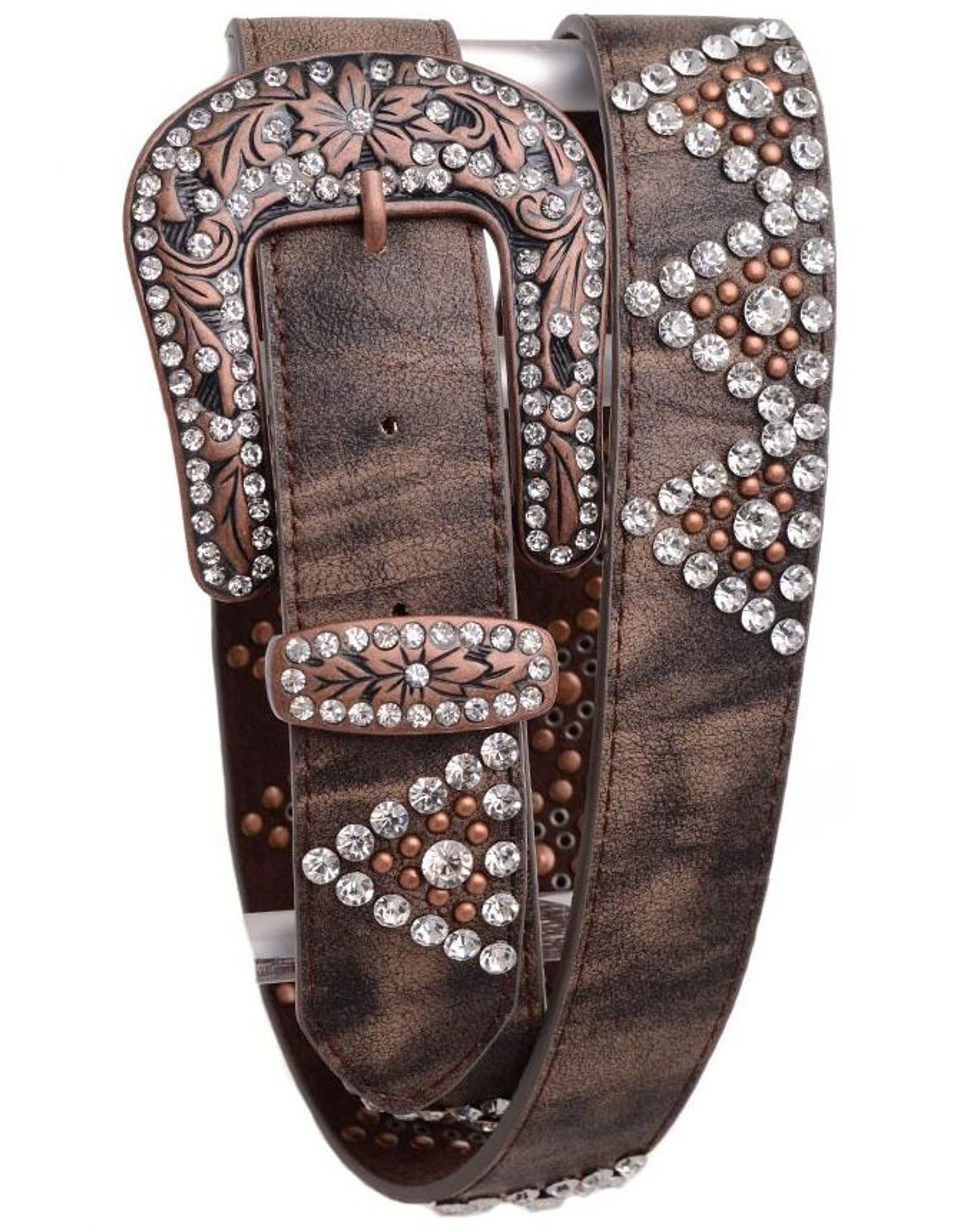 MISS ME Woman's Leather Belt Brown Rhinestones Embellished Pre-owned