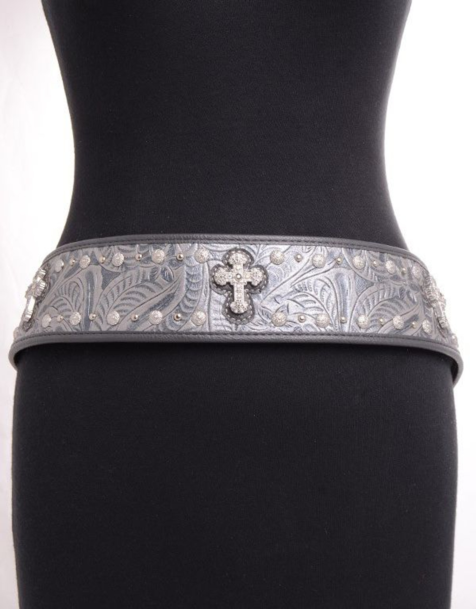 Kamberley Women's Wide Waist Studded Cross Concho Belt - Silver