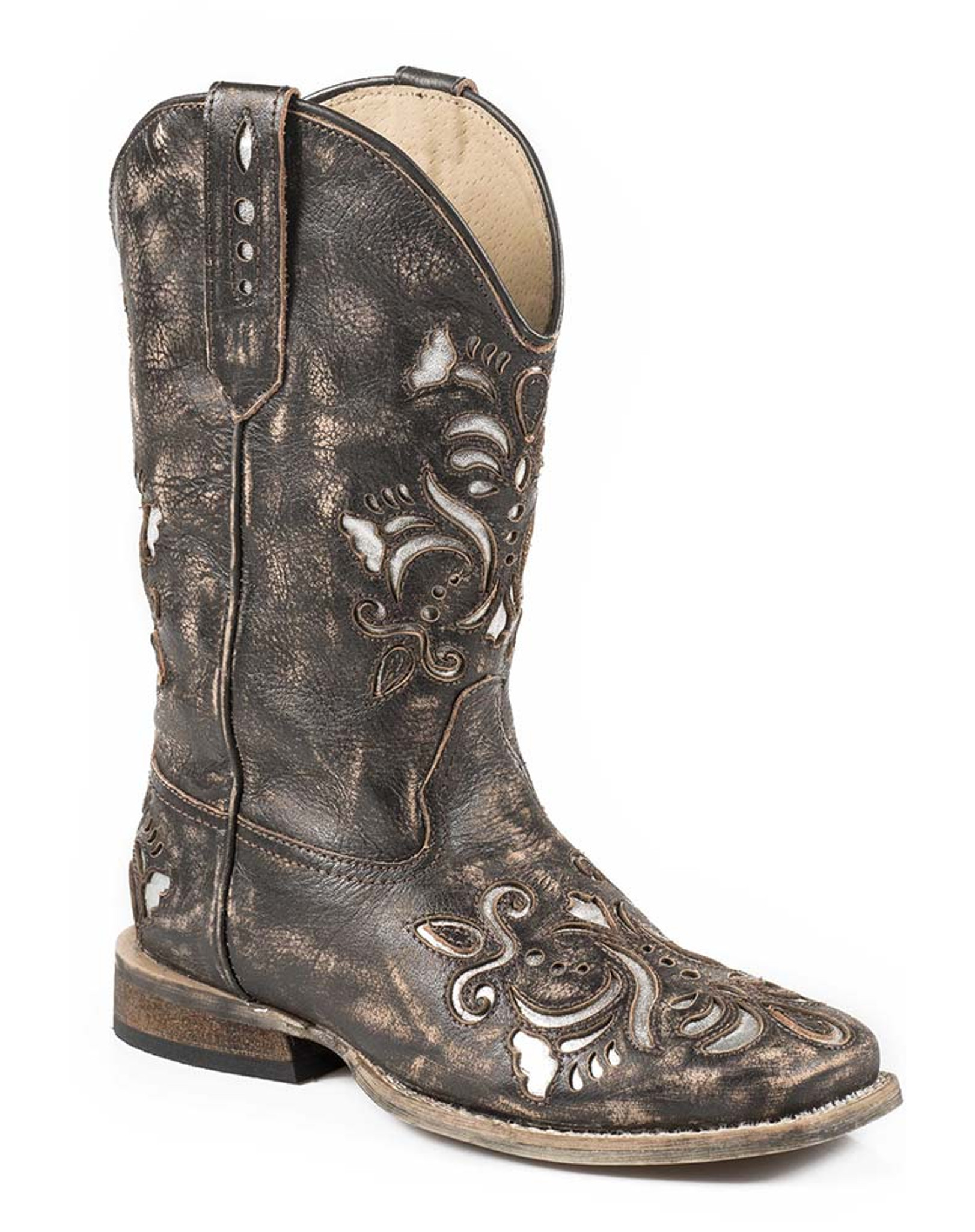 Roper Girl's Metallic Floral Underlay Boots - Brown/Silver