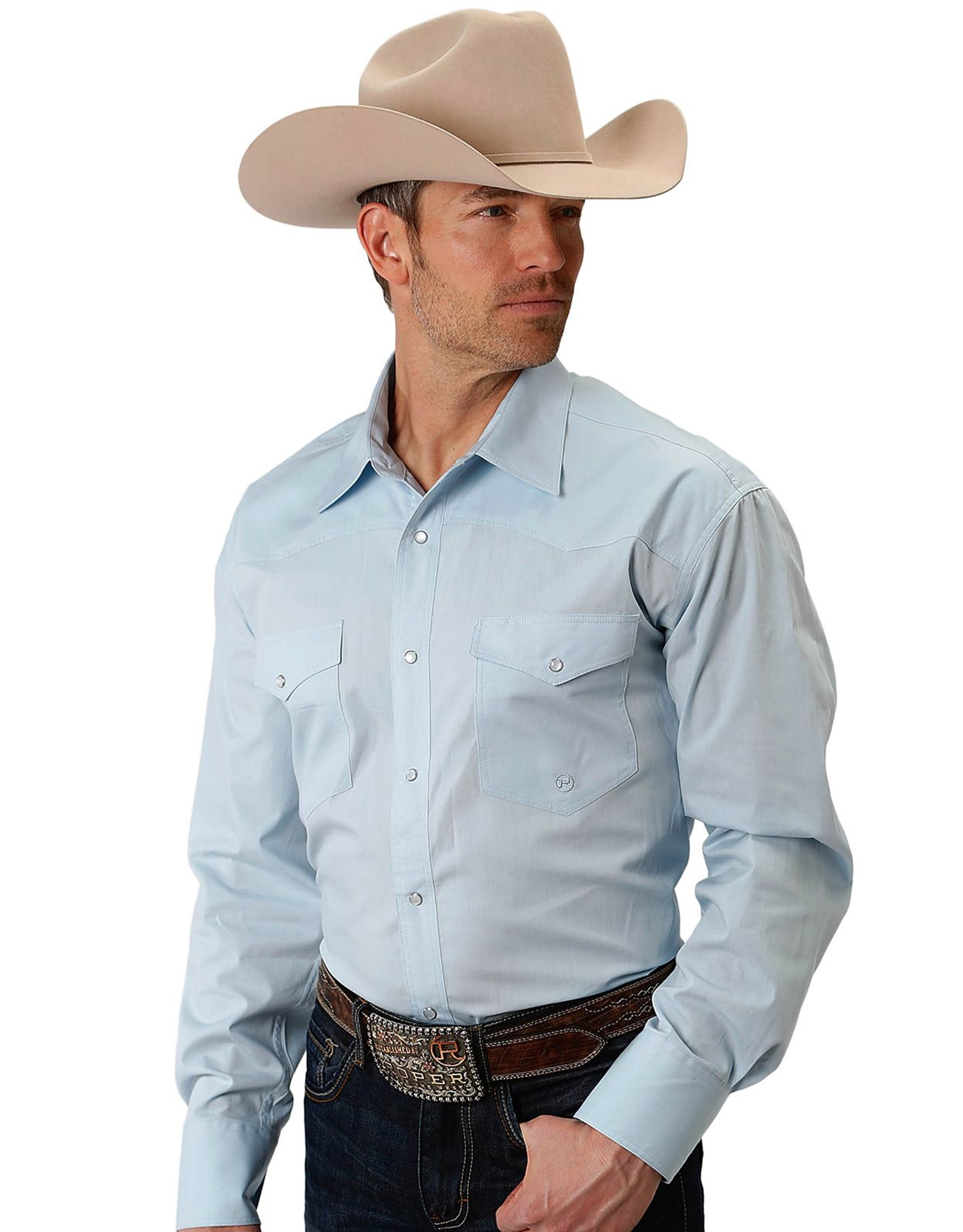 Roper Men's Long Sleeve Solid Snap Shirt - Light Blue