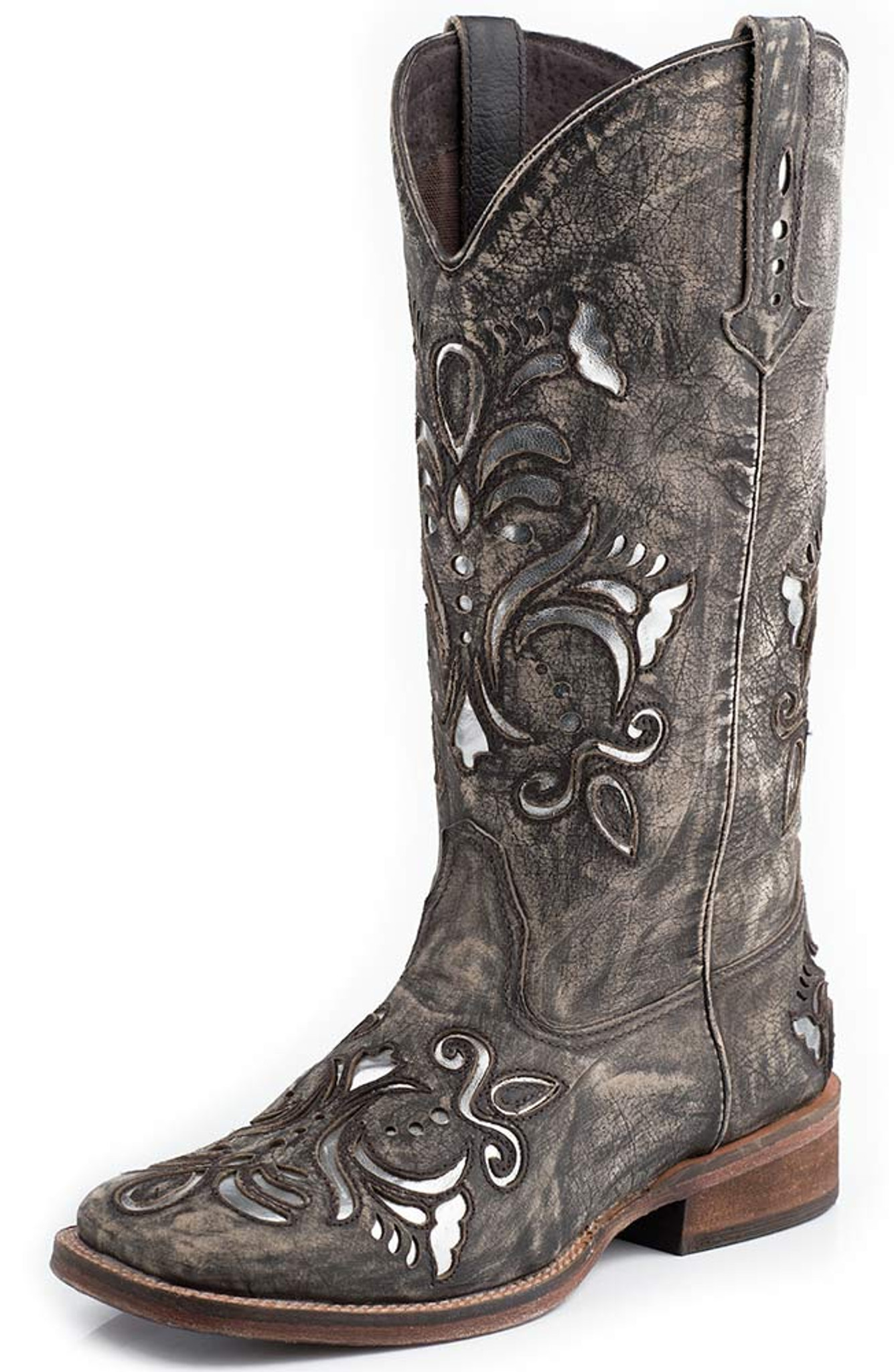 Roper Womens Silver Underlay Square Toe Cowboy Boots - Brown Sanded