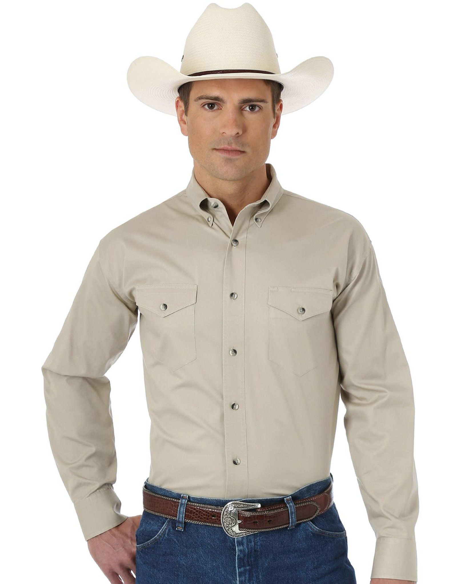 Wrangler Men's Classic Fit Painted Desert Long Sleeve Solid Button Down  Shirt - Tan