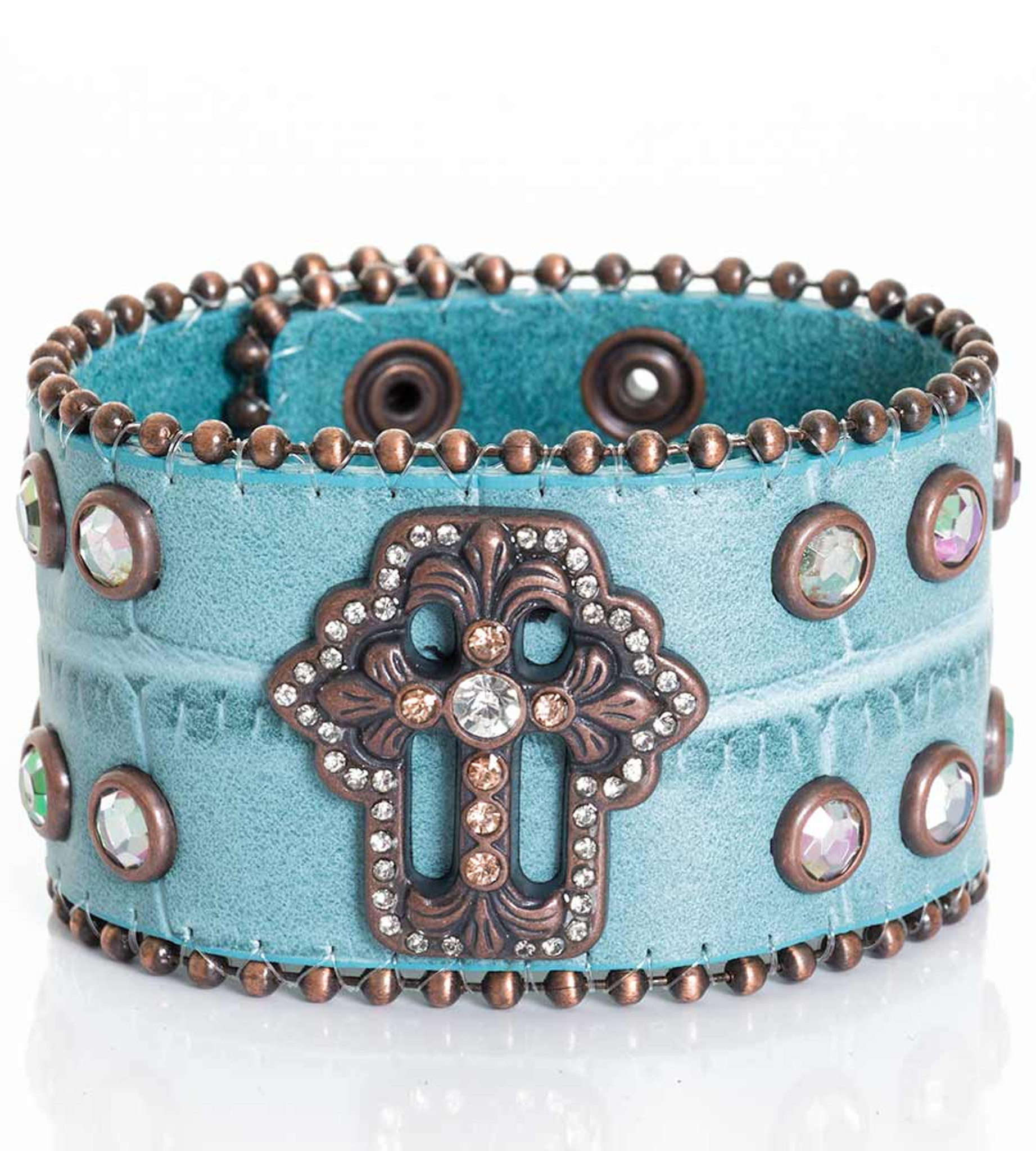 Kamberley Womens Copper Cross Snap Cuff Bracelet - Turquoise