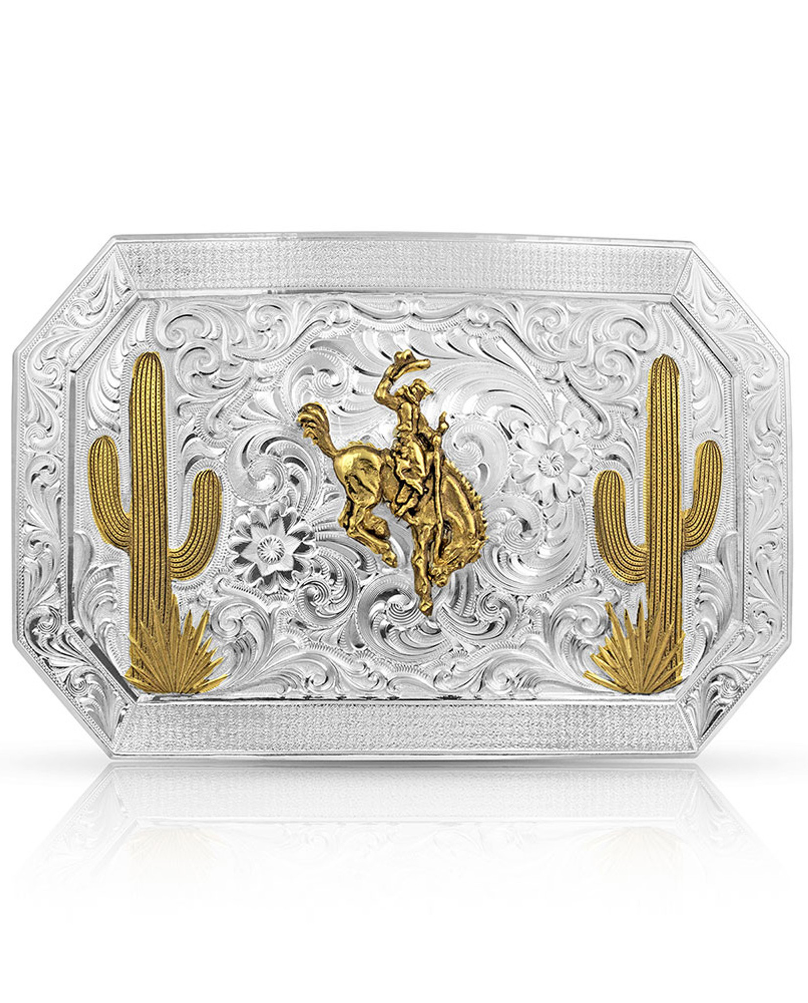 Montana Silversmiths Desert Joy Cactus Ranch Rodeo Bucking Horse Belt  Buckle - Silver