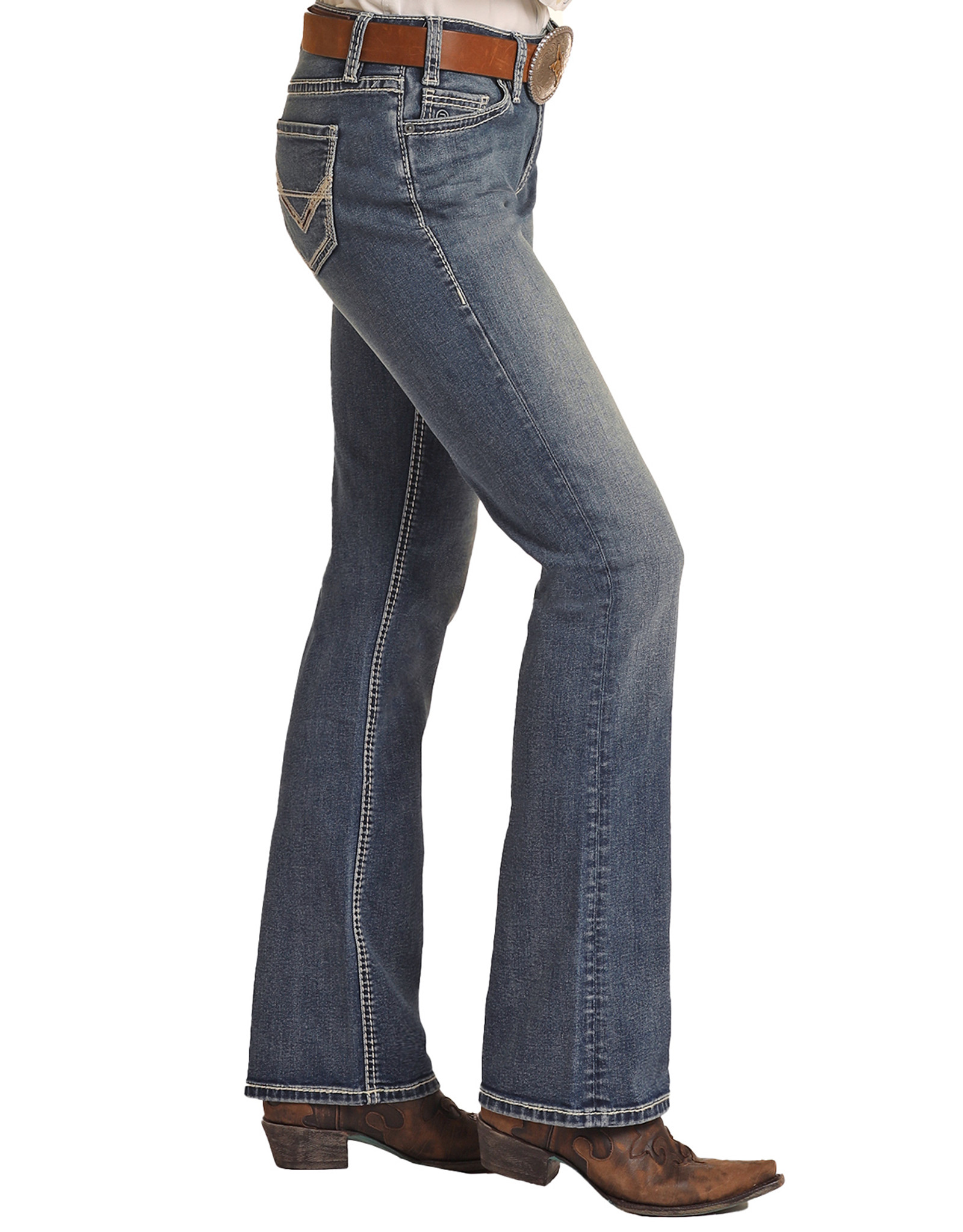 Rock & Roll Denim Women's Extra Stretch Riding Mid Rise Regular Fit Bootcut Jeans- Medium Vintage