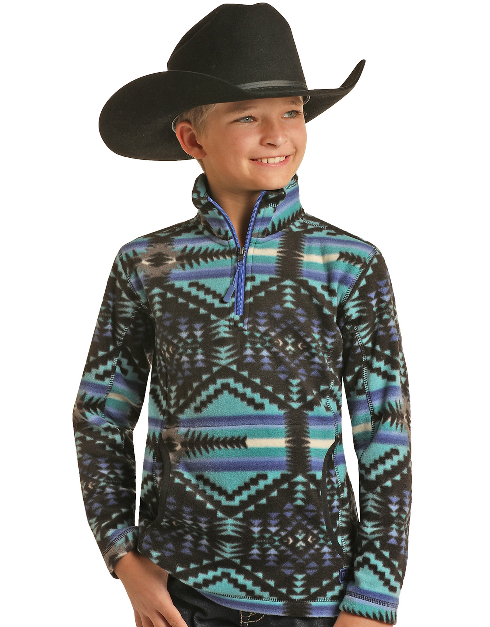 Powder River Boys' Fleece 1/4 Zip Aztec Print Pullover - Blue (Closeout)