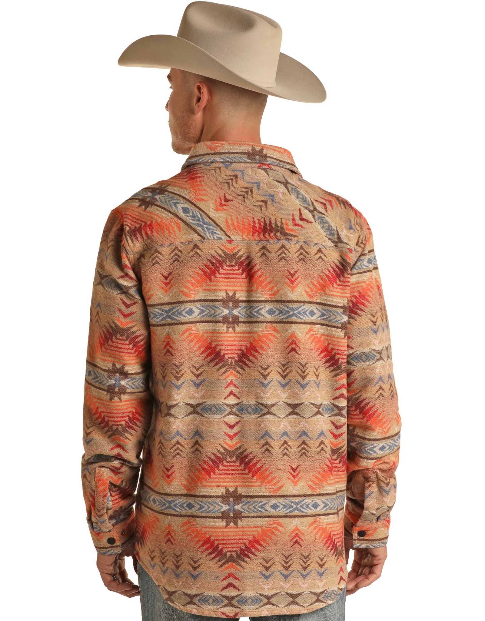 Rock & Roll Denim Men's Jacquard Aztec Print Snap Shirt Jacket - Tan