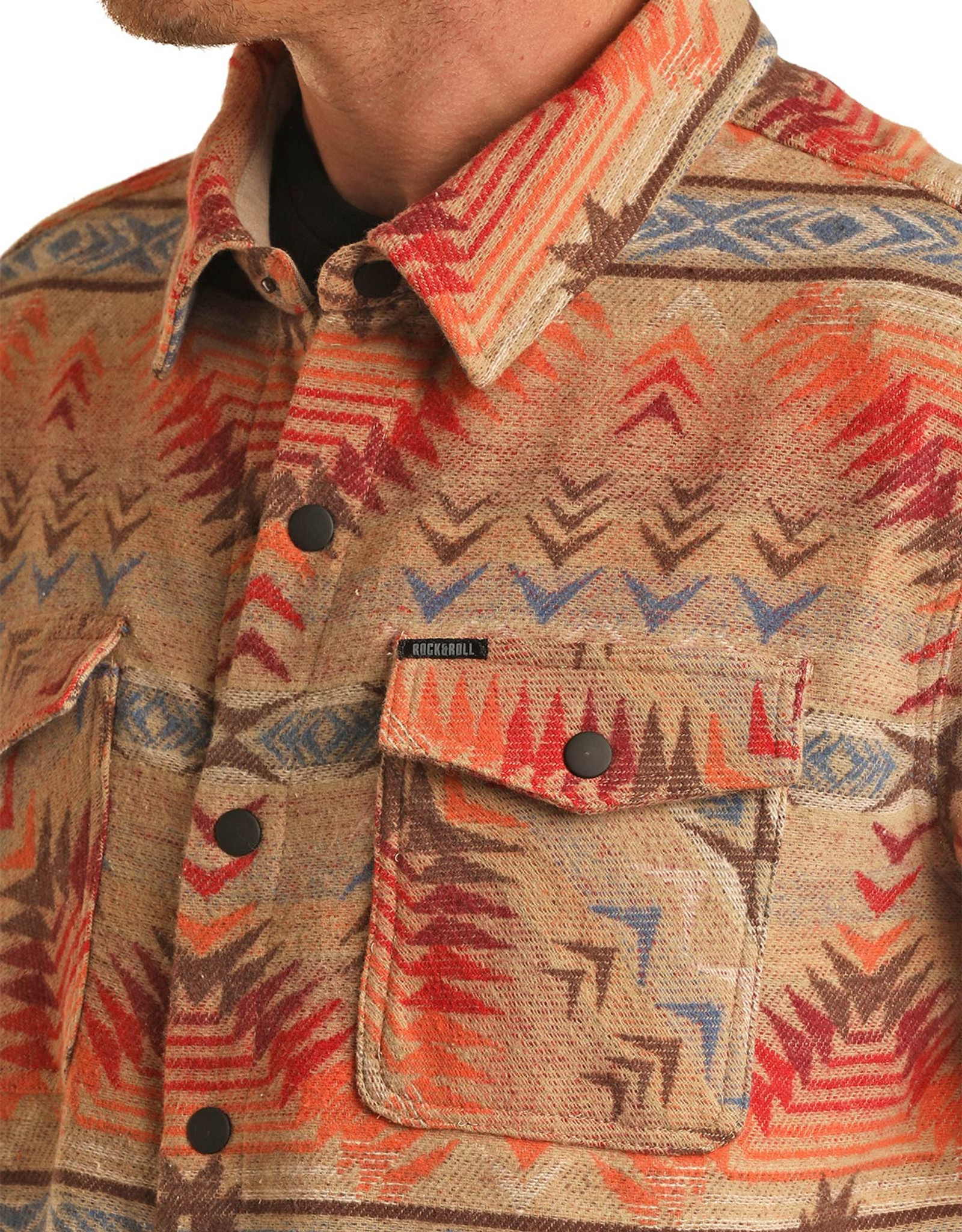 Rock & Roll Denim Men's Jacquard Aztec Print Snap Shirt Jacket - Tan  (Closeout)