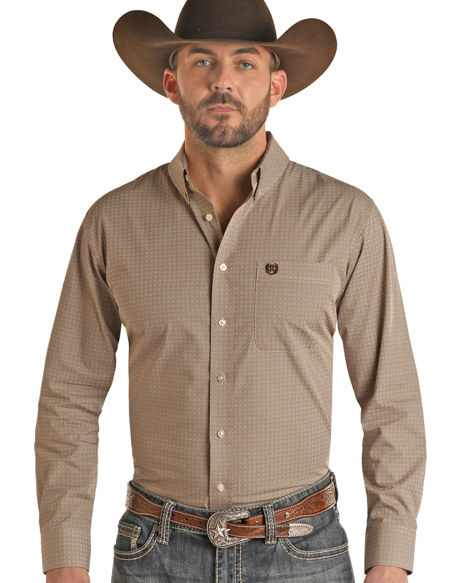 Panhandle Select Men's Long Sleeve Print Button Down Shirt - Tan (Closeout)