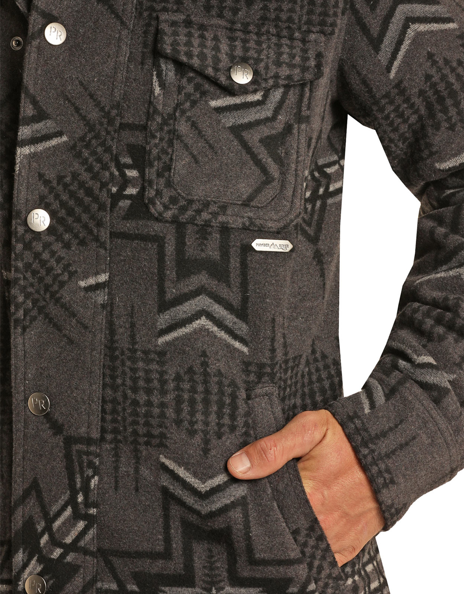 Powder River Men's Jacquard Aztec Print Snap Commander Coat - Black (Closeout)