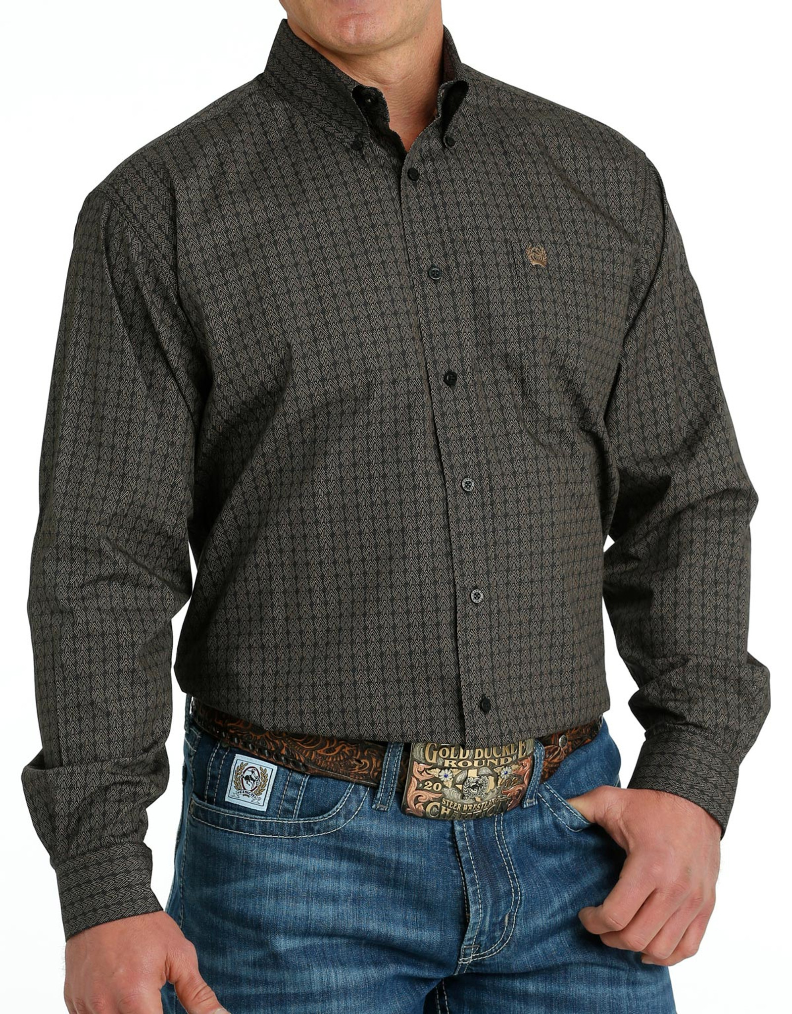 Cinch Men's Long Sleeve Print Button Down Shirt - Brown/Black