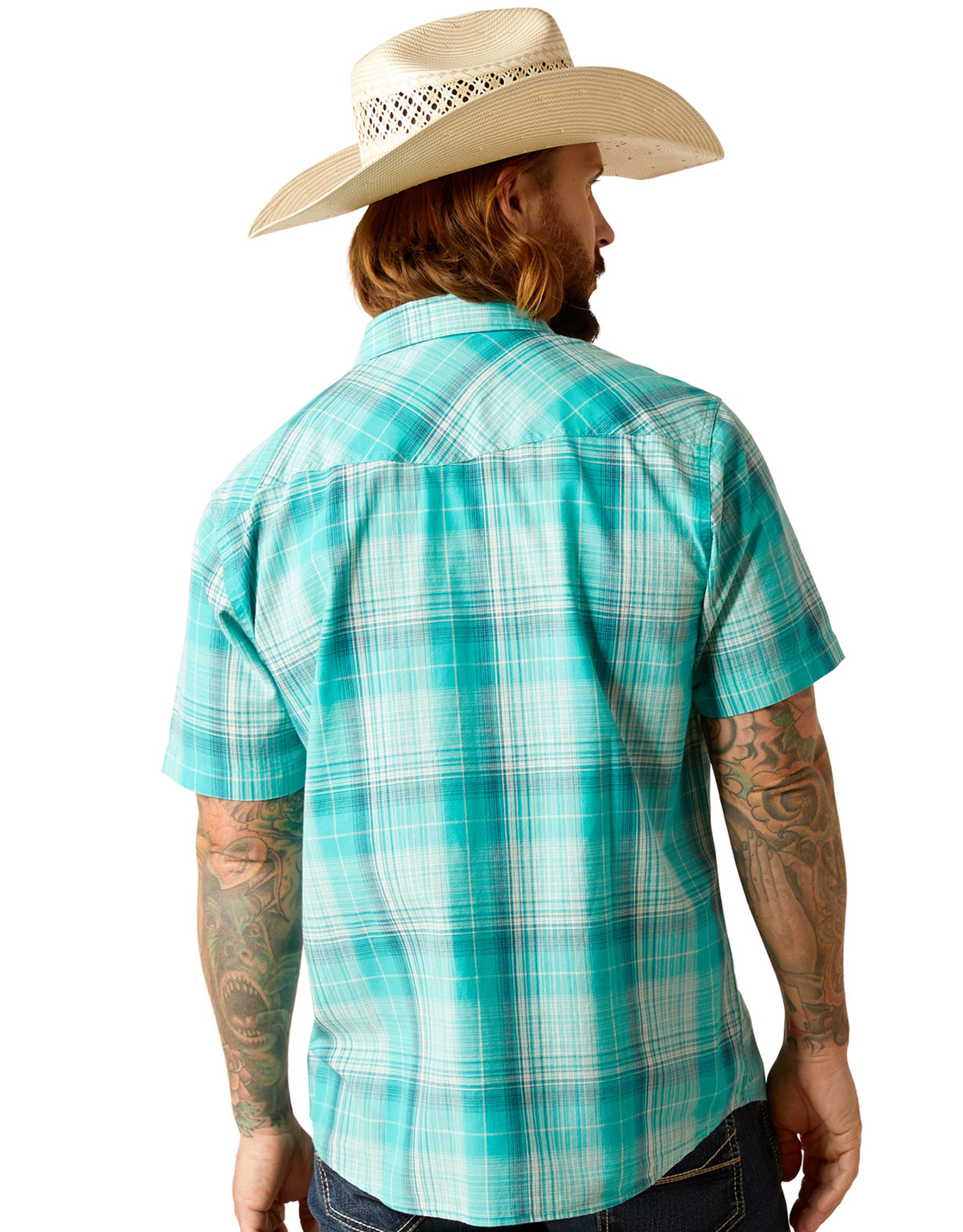Ariat Men's Retro Short Sleeve Plaid Snap Shirt - Aqua Blue