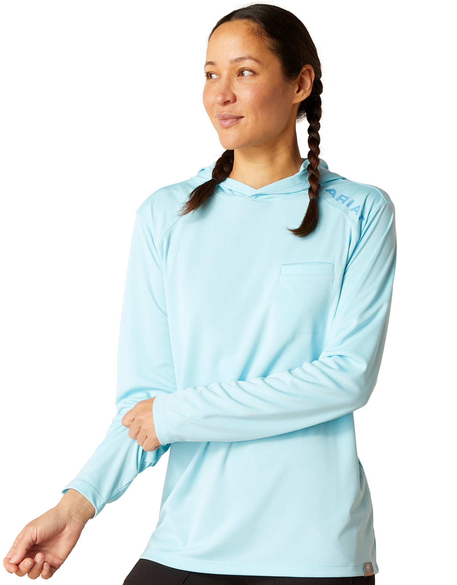 Ariat Women's Rebar Sunblocker Long Sleeve Solid Hooded Tee Shirt - Light Blue (Closeout)