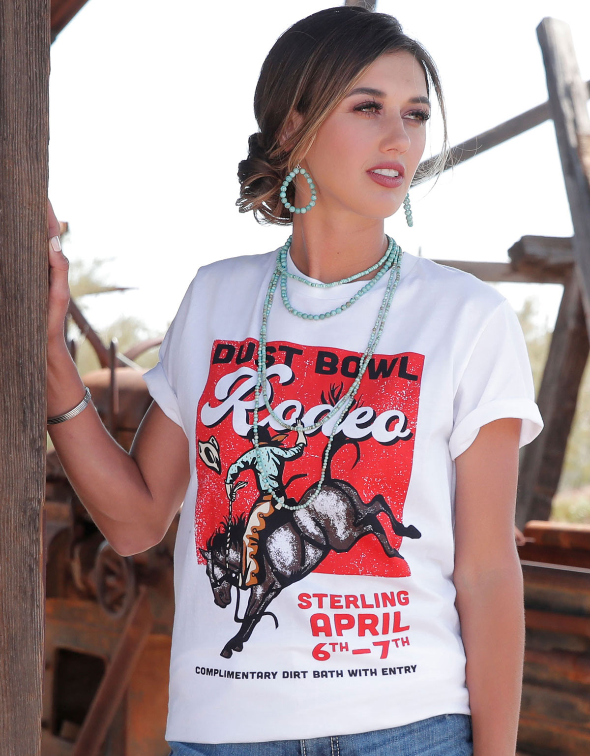 Cruel Women's Short Sleeve "Dust Bowl Rodeo" Print Tee Shirt - White (Closeout)