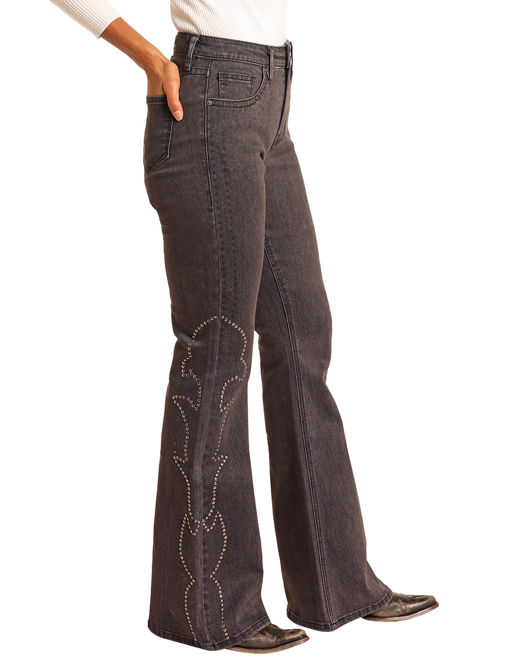 Rock & Roll Denim Women's Extra Stretch High Rise Slim Fit Flare Leg Jean - Faded Black (Closeout)