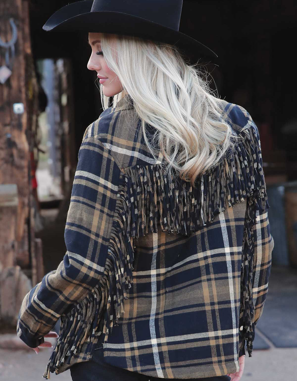 Cruel Women's Plaid Snap Fringe Shirt Jacket - Black (Closeout)