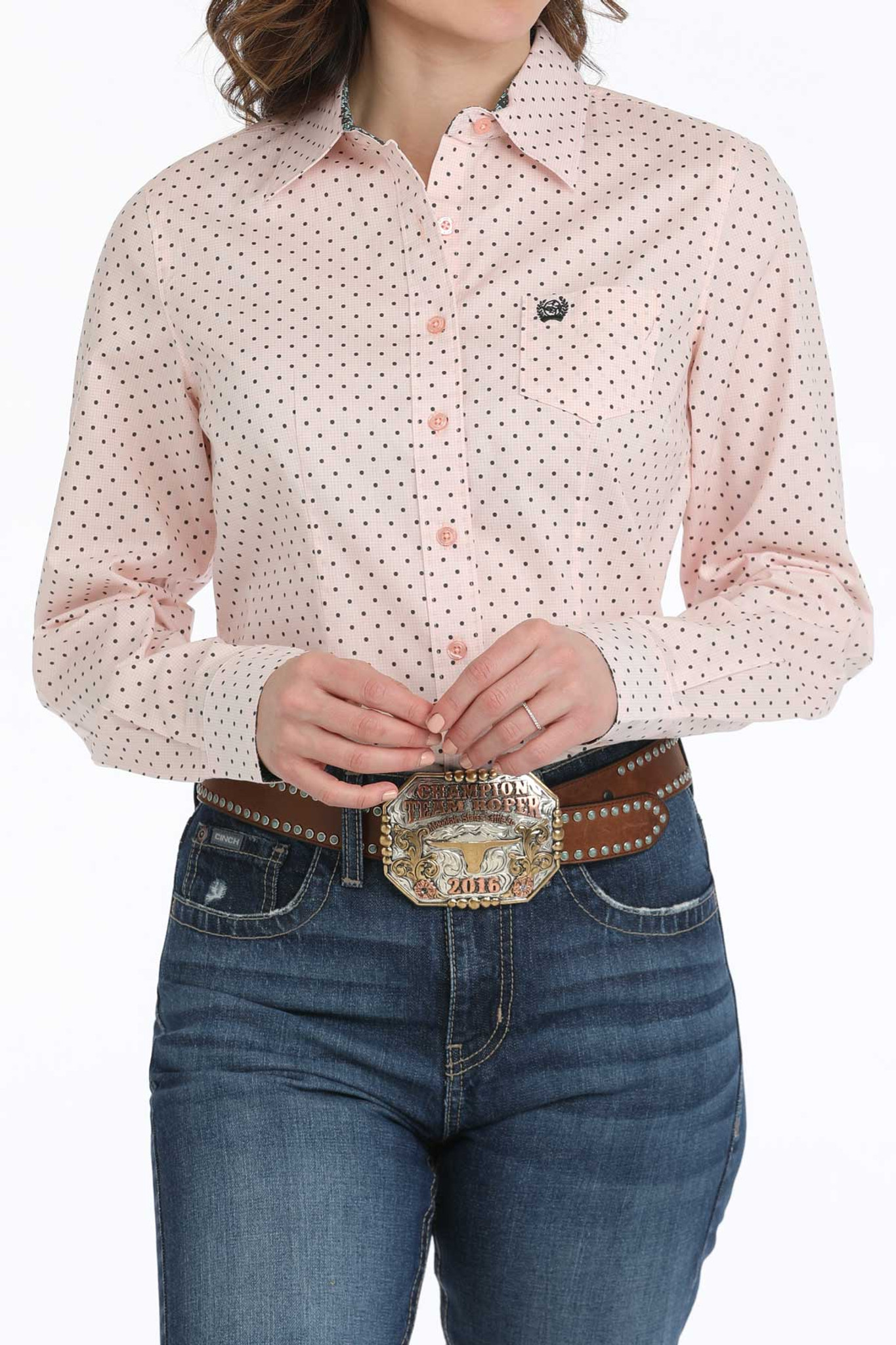 Cinch Women's Long Sleeve Polka Dot Check Button Down Shirt - Pink/Black