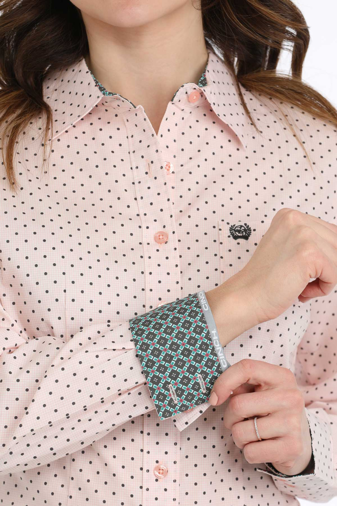 Cinch Women's Long Sleeve Polka Dot Check Button Down Shirt - Pink/Black