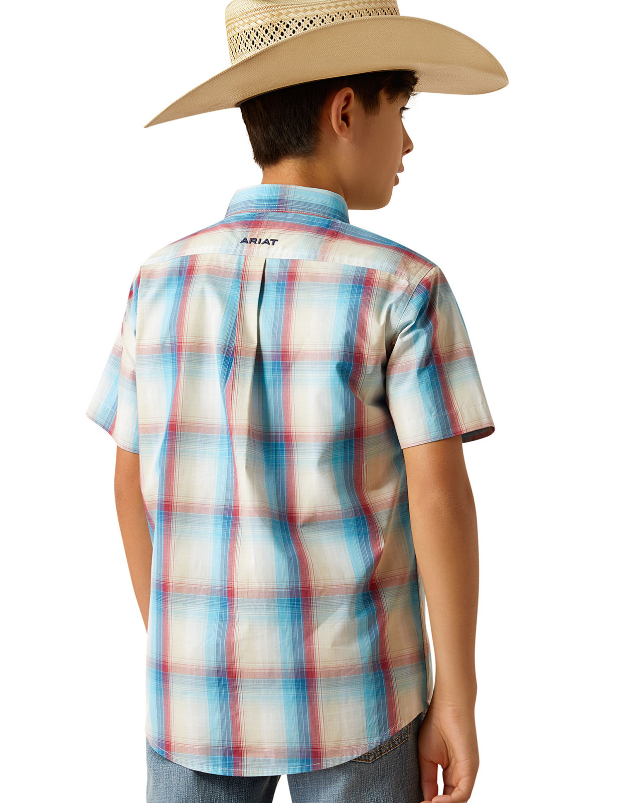 Ariat Boys' Pro Series Short Sleeve Plaid Button Down Shirt - Blue/Red (Closeout)