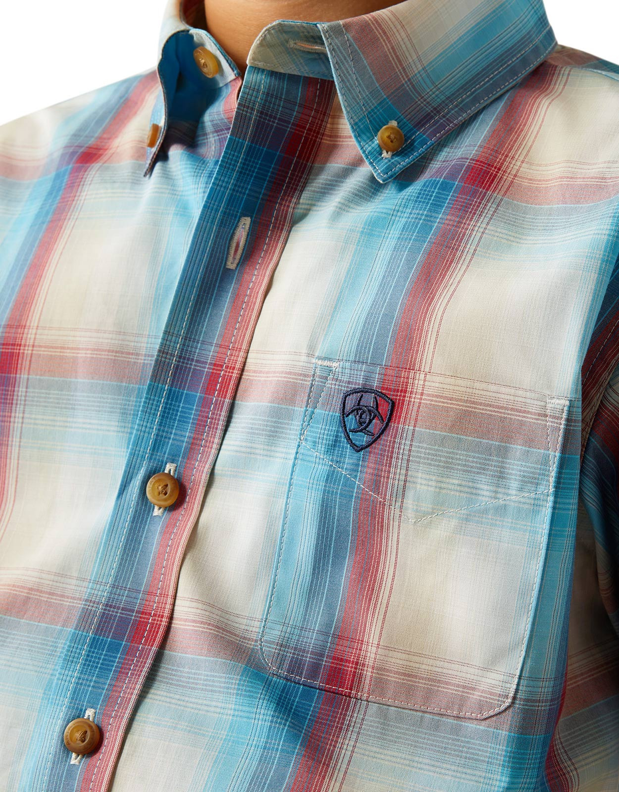 Ariat Boys' Pro Series Short Sleeve Plaid Button Down Shirt - Blue/Red (Closeout)