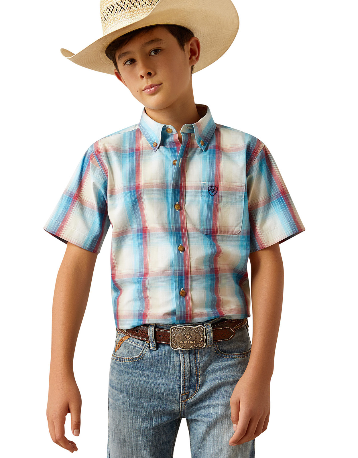 Ariat Boys' Pro Series Short Sleeve Plaid Button Down Shirt - Blue/Red (Closeout)