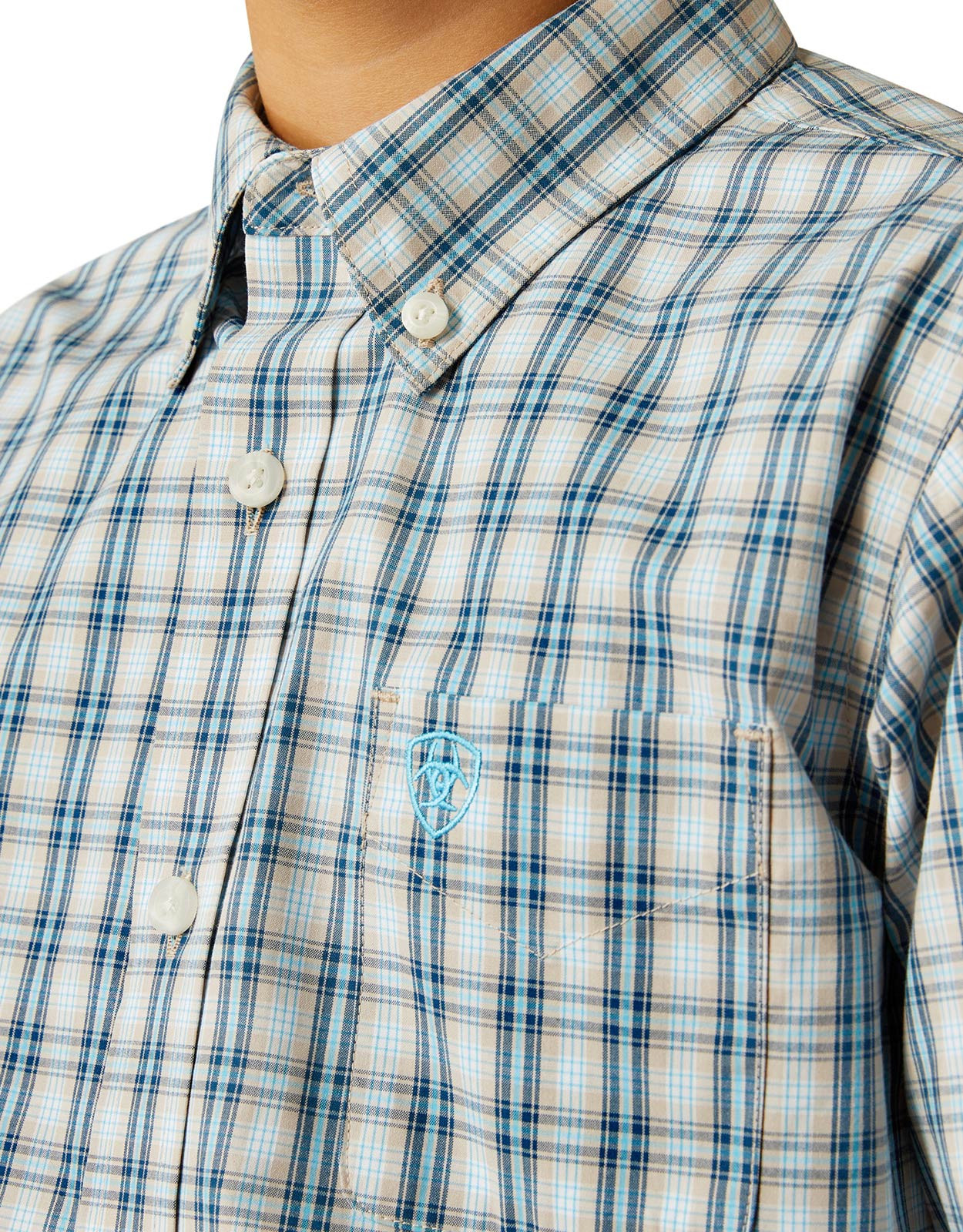 Ariat Boys' Pro Series Long Sleeve Plaid Button Down Shirt - Khaki/Blue (Closeout)