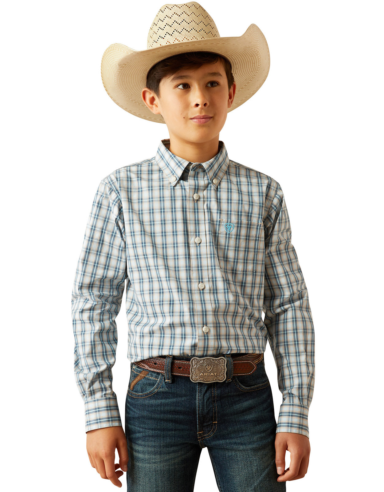 Ariat Boys' Pro Series Long Sleeve Plaid Button Down Shirt - Khaki/Blue (Closeout)