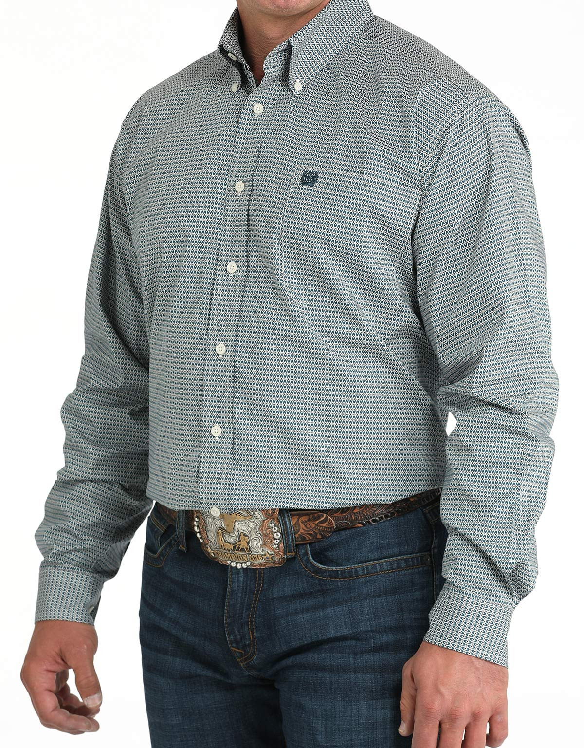 Cinch Men's Stretch Long Sleeve Print Button Down Shirt - Teal/White